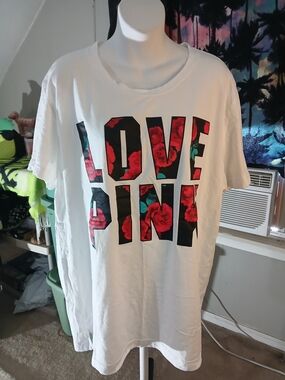 HTF! PINK Victoria's Secret White Tee with Red Rose Graphic Size XL EUC Pretty
